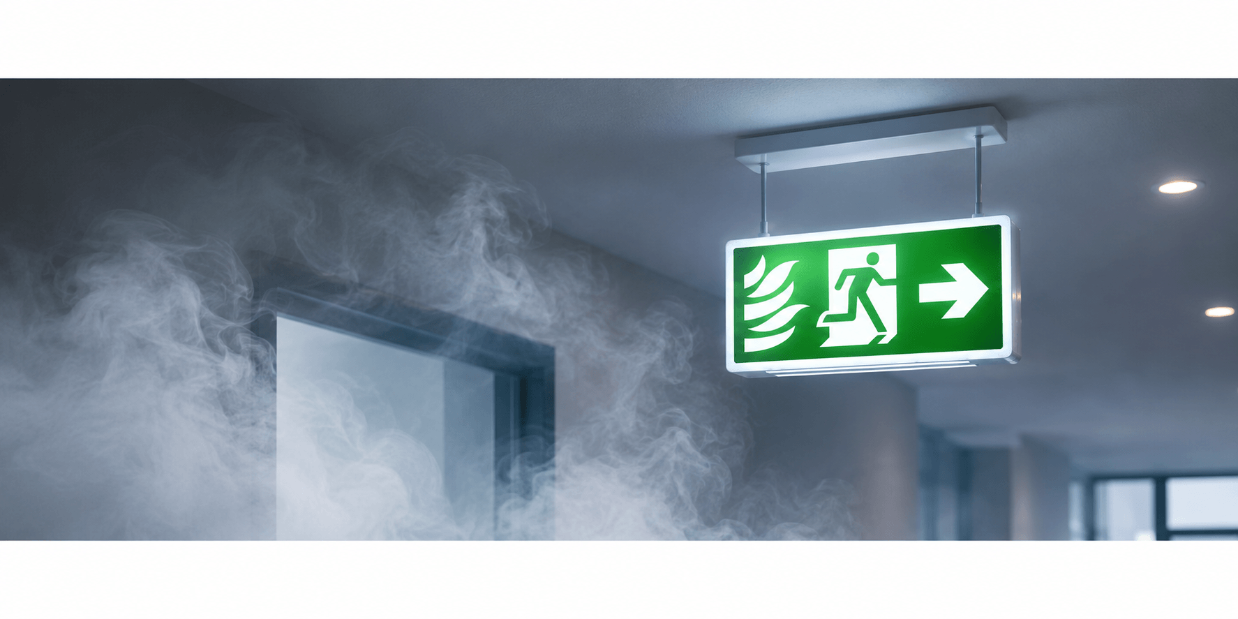 Indicator luminos de evacuare pe un coridor cu fum